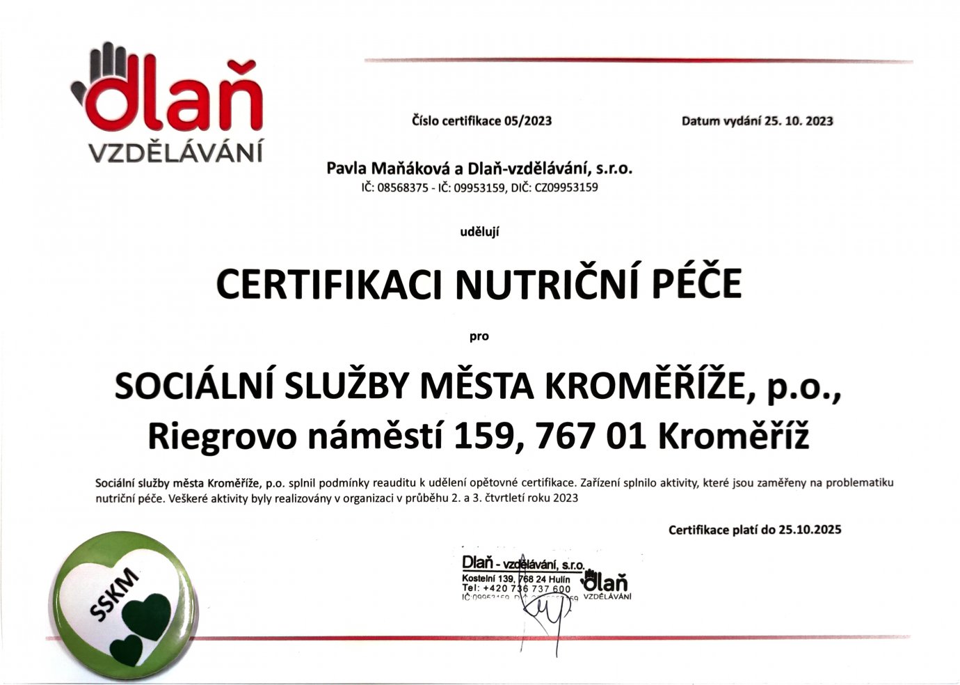  🏆🏆Sociální služby města Kroměříž opět úspěšně získaly certifikaci nutriční péče 🏆🏆